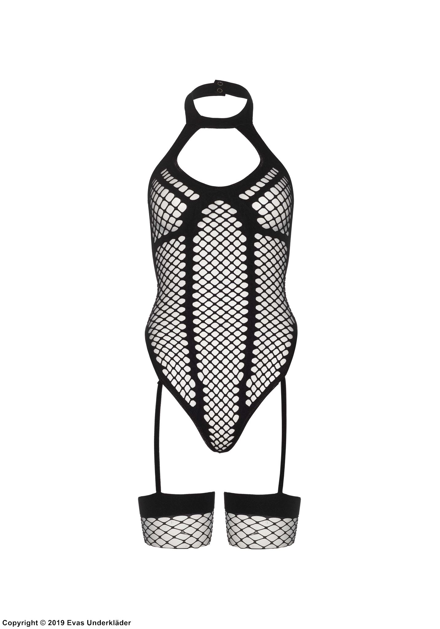 Freizügiger Bodystocking, Netz, Schlüsselloch, eingebaute Strümpfe